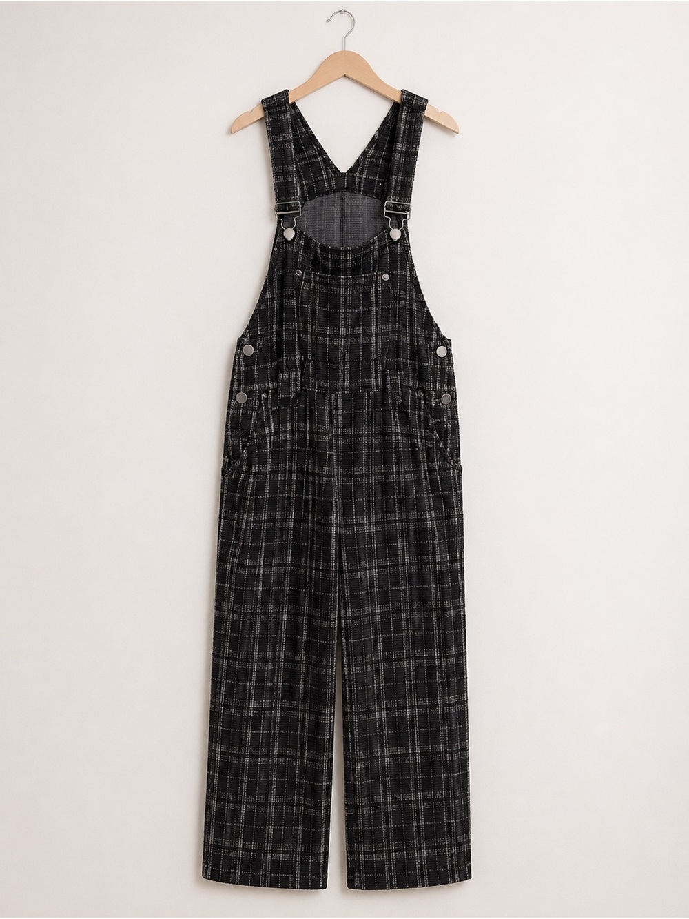 Black & White Plaid Tweed Overalls Jumpsuit | Wide Leg
